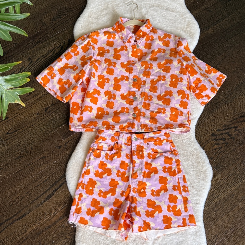 Zara The 90s Floral Denim Set - Connie Shirt Matching Shorts - Size XS - NEW - Picture 13 of 13
